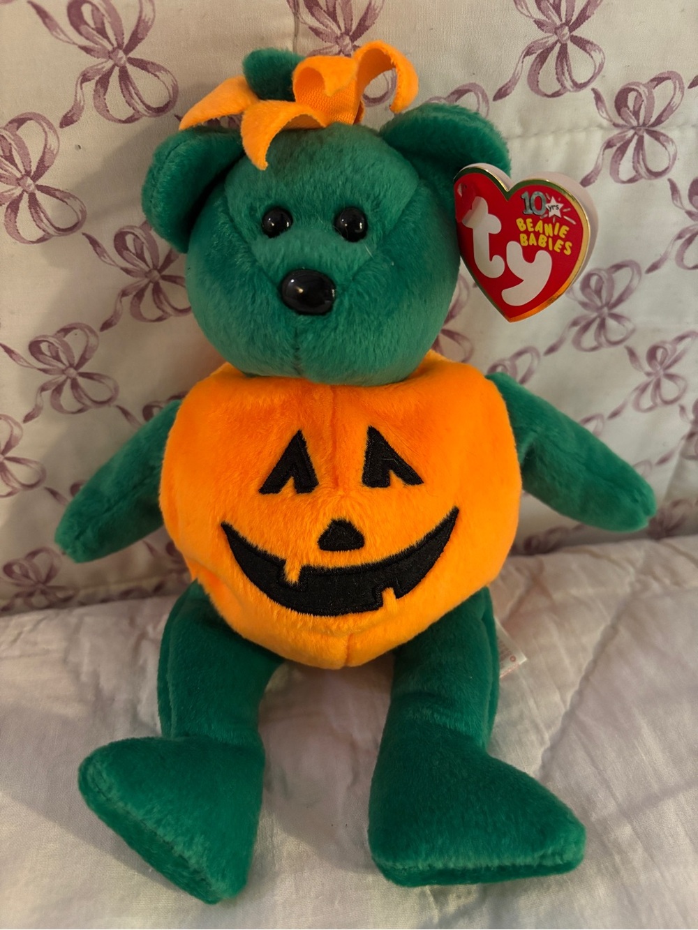 Ty "Tricky" Green Bear in Orange Pumpkin Costume Plush